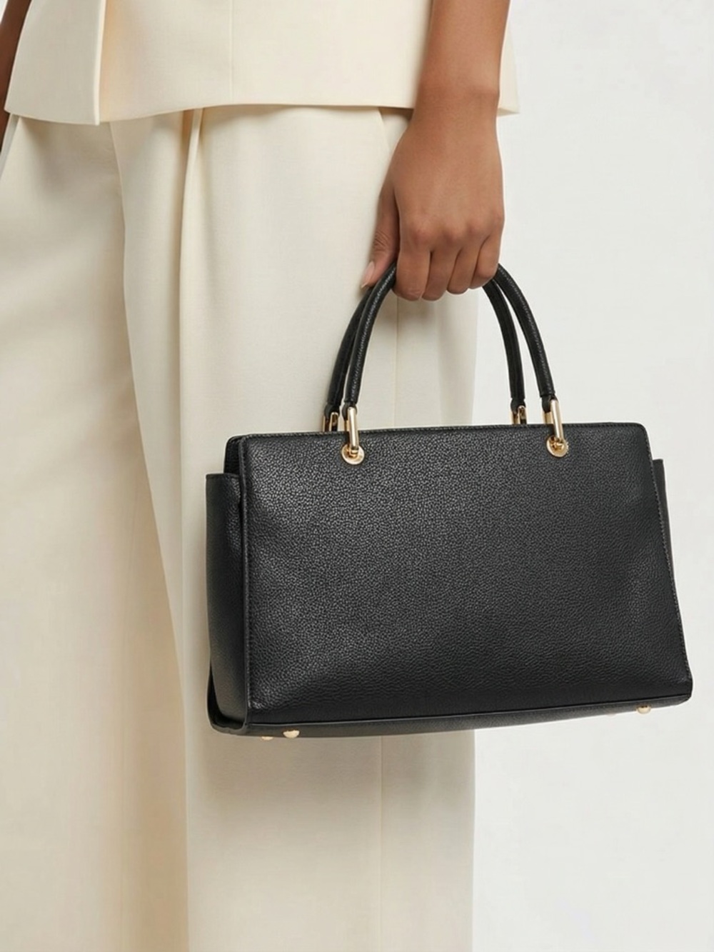 Structured Black  Top-Handle Satchel with Gold Hardware like new - Picture 2 of 6